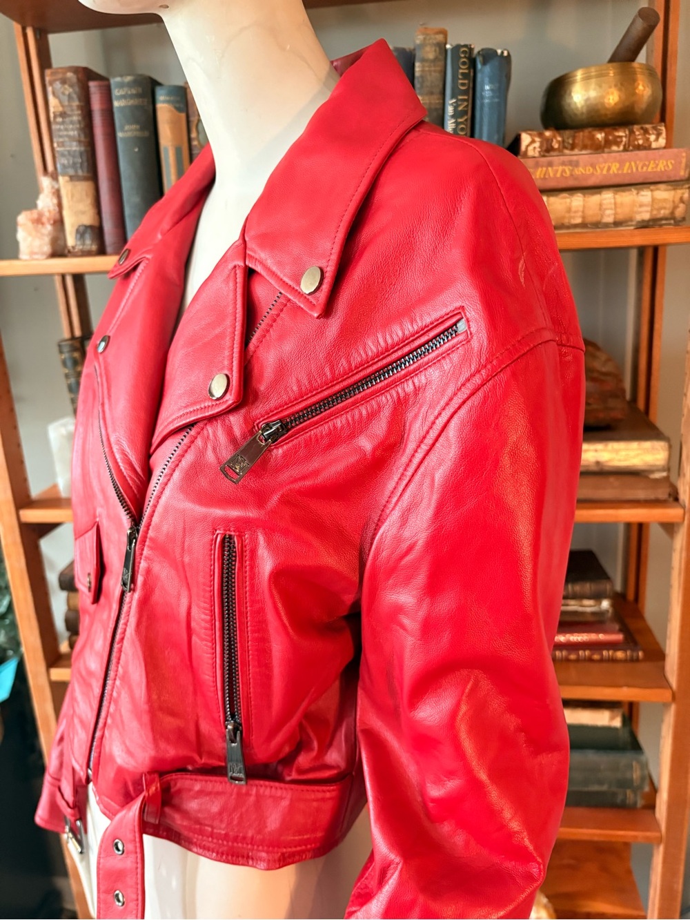 Badgley Mischka Red Cropped Leather Moto Jacket - Picture 4 of 9